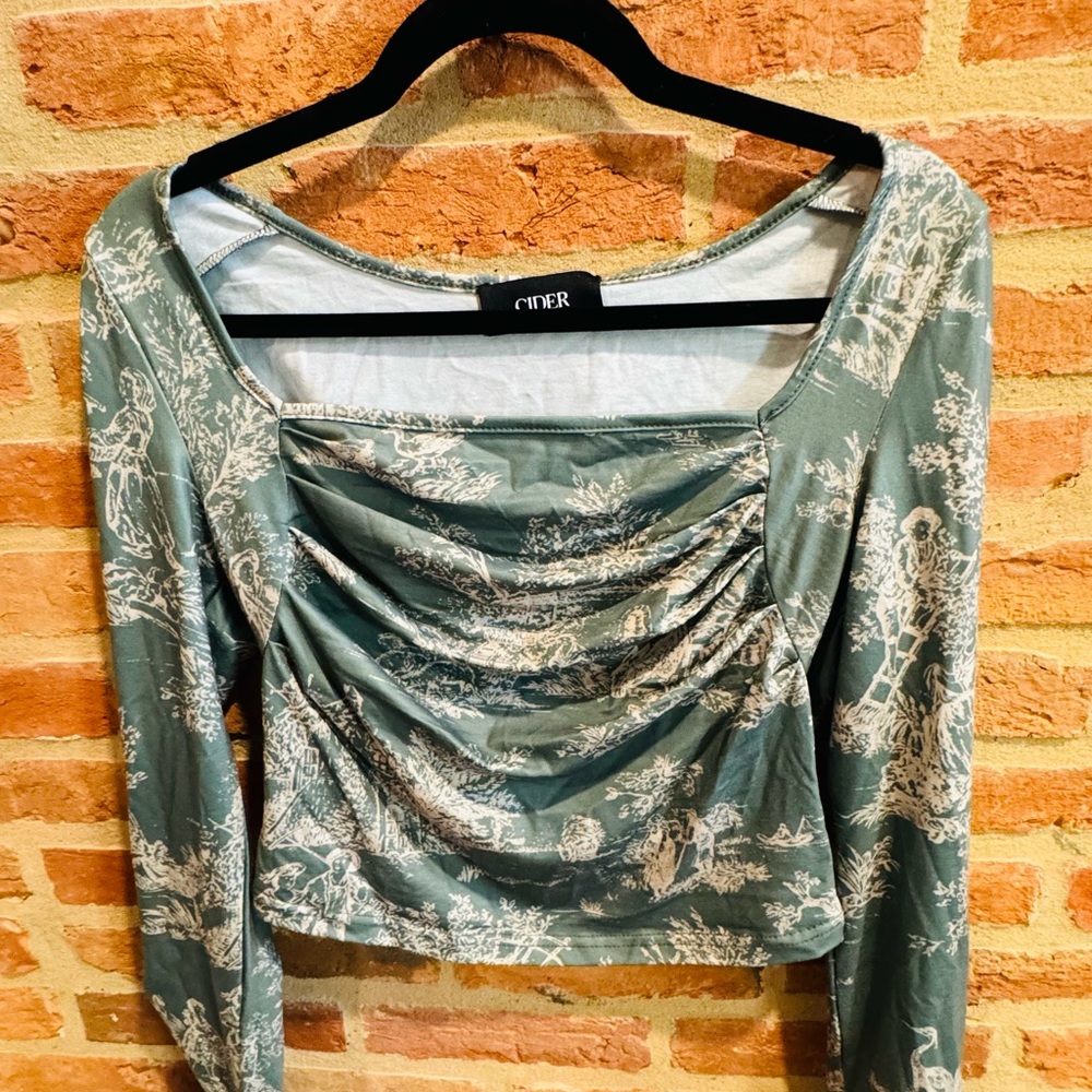 Cider Toile de Jouy square neck ruched long sleeved top